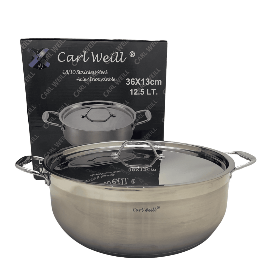 Low stainless steel pot with lid by Carl Weill, featuring a sleek design for versatile cooking 12L/ 36CM - Crown Cookware