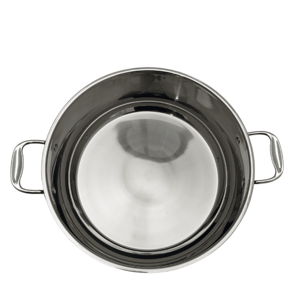 Low stainless steel pot with lid by Carl Weill, featuring a sleek design for versatile cooking 12L/ 36CM - Inside view - Crown Cookware