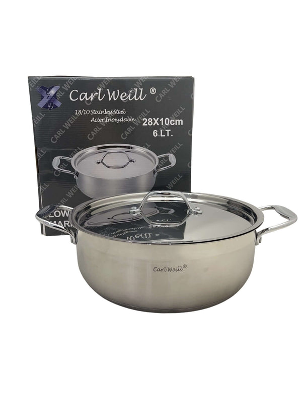 Low stainless steel pot with lid by Carl Weill, featuring a sleek design for versatile cooking - Crown Cookware