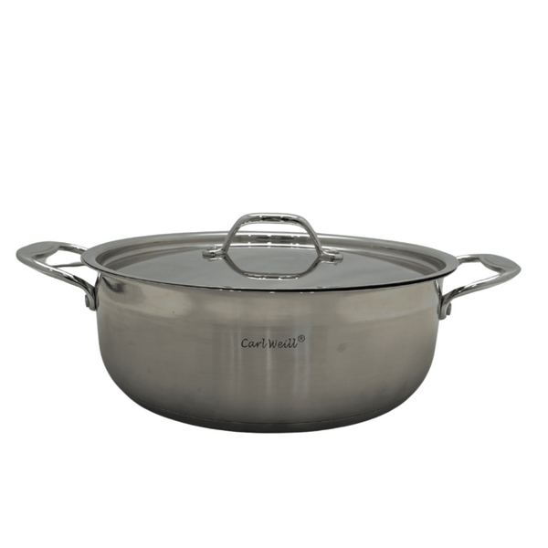 Low stainless steel pot with lid by Carl Weill, featuring a sleek design for versatile cooking - Crown Cookware