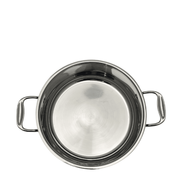 Low stainless steel pot with lid by Carl Weill, featuring a sleek design for versatile cooking - Inside view - Crown Cookware