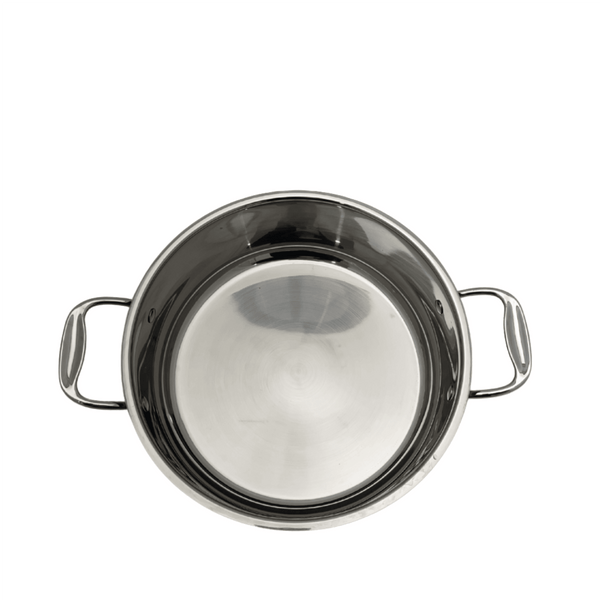 Low stainless steel pot with lid by Carl Weill, featuring a sleek design for versatile cooking - Inside view - Crown Cookware