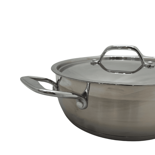 Low stainless steel pot with lid by Carl Weill, featuring a sleek design for versatile cooking - Crown Cookware