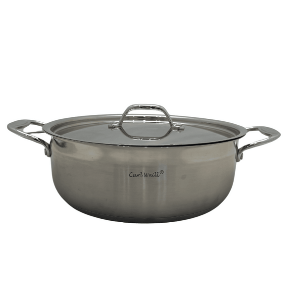 Low stainless steel pot with lid by Carl Weill, featuring a sleek design for versatile cooking - Crown Cookware