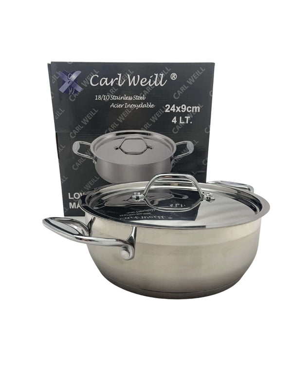 Low stainless steel pot with lid by Carl Weill, featuring a sleek design for versatile cooking - Crown Cookware