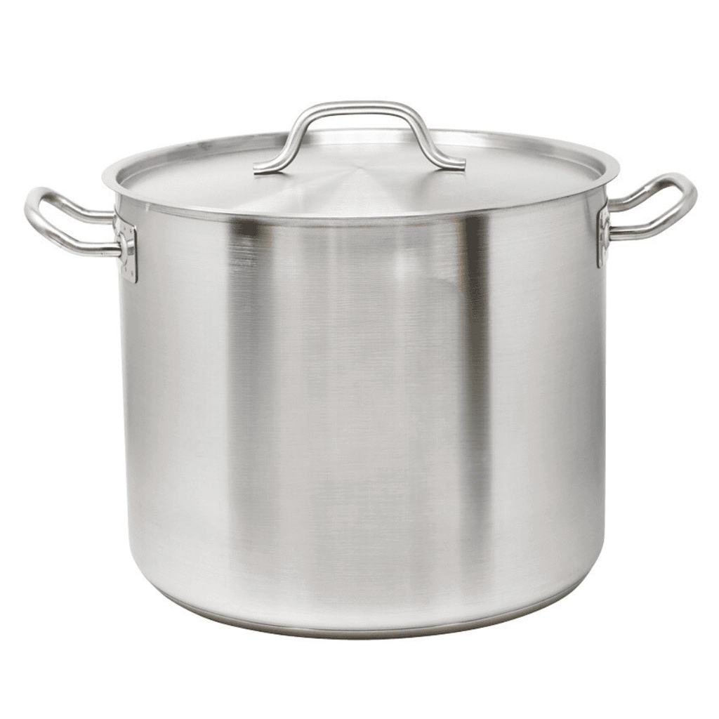 STAINLESS STEEL STOCK POT WITH COVER, TWO SIDE HANDLES AND LID (14"H) - Crown Cookware